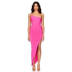 NWT Nookie Aria One Shoulder Ruched Matte Jersey Bodycon Gown Neon Pink Womens M